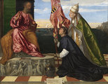 VI. Sándor pápa Szent Péter oltalmába ajánlja Jacopo Pesarót Tiziano festményén (1506-1511 körül) (kép forrása: Wikimedia Commons)