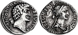 Antonius és Kleopátra arcképével ellátott pénzérme Kr. e. 34-ből (kép forrása: Wikimedia Commons)