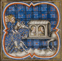 Fülöp Ágost a csatában ejtett foglyokkal egy 14. századi illusztráción (kép forrása: Wikimedia Commons)