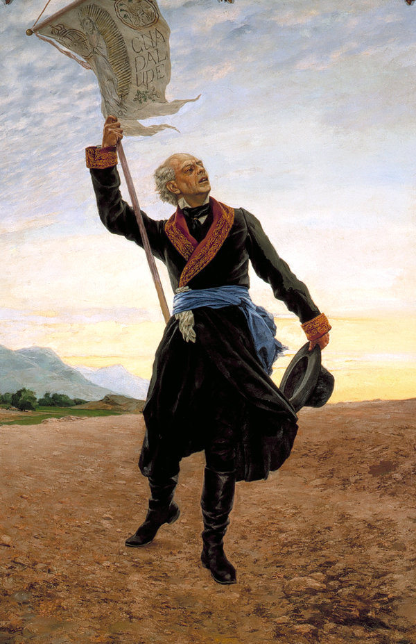 Miguel Hidalgo a Guadalupe-i Szűzanyát ábrázoló zászlóval (Antonio Fabrés 1905-ös festménye)