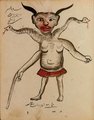 Kígyócsápokkal és szarvakkal „felszerelt” démon. A hibrid ördögi lények nagyon gyakoriak voltak az európai démonábrázolásokban is, így megtalálhatóak A démonológia és mágia kompendiuma (kézikönyve) című 18. századi könyvben is.