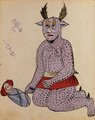 Lila és fekete pettyes démon egy kisdeddel. Amint azt a 20. századi perzsa kézirat is bizonyítja, a gonosz elhárítására szolgáló varázslatok a modern korszakban is fennmaradtak.
