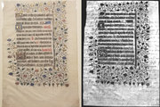 A vizsgált pergamenlap a látható fénytartományban (balra) és a vizsgálat által a látható szöveg alatt megvilágított írással (balra)