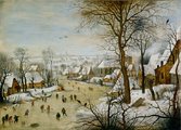 Ifjabb Pieter Brueghel Téli táj korcsolyázókkal és madárcsapdával című képe annyira népszerű volt már a kortársak körében is, hogy több mint egy tucat másolat készült róla. A csapdába csalt madarak allegorikusas: aki a háttérben jégbe vágott lékbe esik, annak a felelőtlensége lesz a veszte.