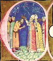 Könyves Kálmán királlyá koronázása a Képes krónika illusztrációján (kép forrása: Wikimedia Commons)