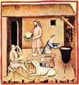 Sajt előkészítése és felszolgálása a Tacuinum Sanitatis című, bagdadi eredetű középkori orvosi kézikönyv egy illusztrációján