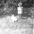 Kislány nyúllal és tojásokkal a kertben, 1950.