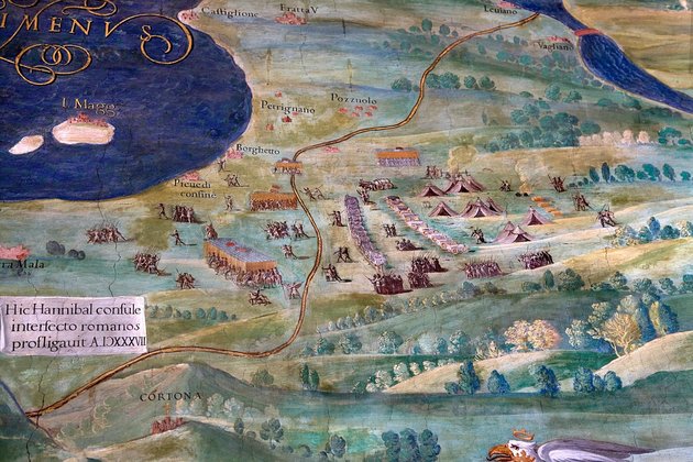 A Trasimenus-tavi csata egy 16. századi, Perugia és Città di Castello területeit ábrázoló térkép részletén