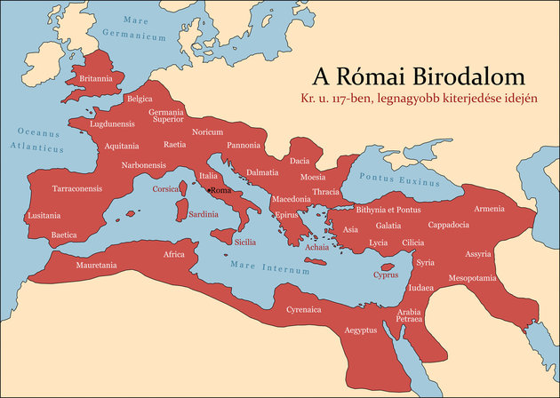 A Római Birodalom és főbb provinciái annak legnagyobb területi kiterjedése idején, Kr. u. 117-ben