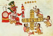 A művészetek és a játékok azték istene, Xochipilli megtekint egy patollipartit a Codex Magliabechiano néven ismert 16. századi azték kódex illusztrációján