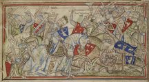 III. Harald (k, kezében bárddal) halálának ábrázolása Matthew Paris 13. századi, „Hitvalló Eduárd király élete” című krónikájában. A legtöbb egyéb forrás szerint azonban a norvég uralkodóval a nyakába fúródó nyílvessző végzett.