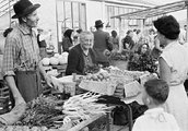 Bajai piac, háttérben a piaccsarnok (1962)