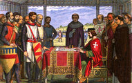 A Magna Charta kiadásának idealisztikus ábrázolása a 19. századból –  a dokumentumot pecséttel hitelesítették, minden bizonnyal nem maga I. János, hanem tisztviselői