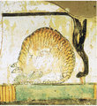 Halat evő macska egy szék alatt egy egyiptomi sír falfestményén
