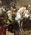 A kép központi figurája Lotaringiai Károly, aki selyemruhában, bongyor parókában méltóságteljesen ül fehér lován