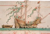 A Mary Rose egy korabeli ábrázoláson, a Tudor-kori flottát számba vevő Anthony-tekercsből