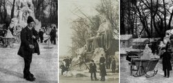 Stróbl Alajos pipájával melegíti magát a Városligeti tó jegén (balról), középen a hatalmas Mátyás-jégszobor, jobbról a szobor makettje, a háttérben pedig a középkori Pest hóból megformált házai (balról és jobbról Vasárnapi Újság, 1909. 5. szám, középső kép forása a Pesti Hírlap nagy naptára, 1934)