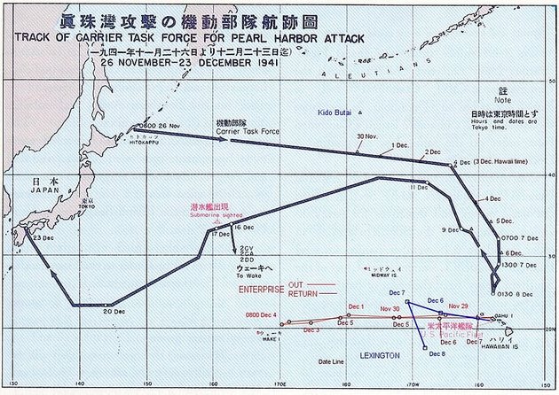 A támadást végrehajtó japán flotta útvonala