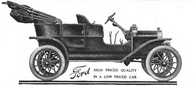 1908-as, a T-modell jó minőségét és alacsony árát propagáló reklám