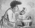 Dumas a kulináris élvezeteket sem vetette meg – különleges fogásait és regényeinek karaktereit egyaránt kísérletezéssel alkotta meg (korabeli karikatúra)