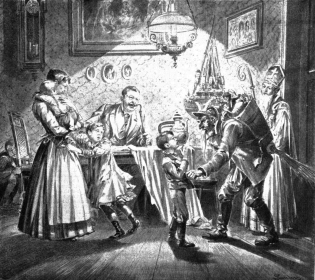 Szent Miklós és a krampusz látogatása egy bécsi családnál, 1896