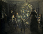 Viggo Johansen festménye a karácsonyfát körbetáncoló családról (1891)