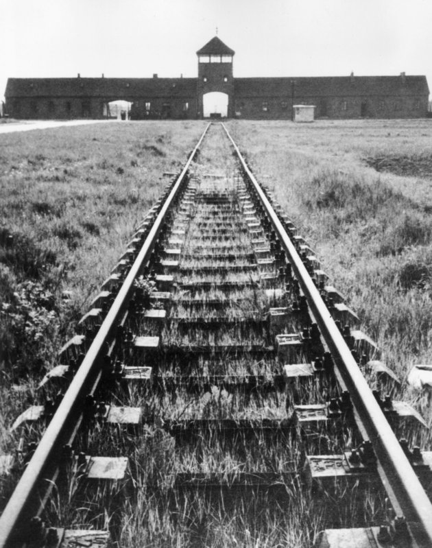 Sínek Auschwitz főkapuja felé