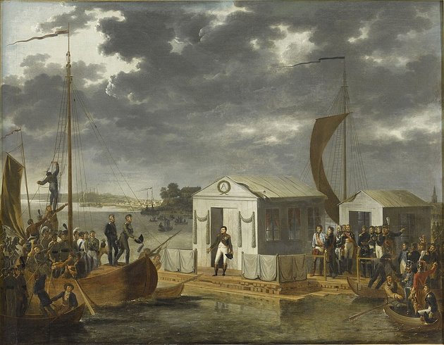 Adolphe Roehn: Napóleon találkozik Sándor cárral Tilsitnél, a Nyeman folyón