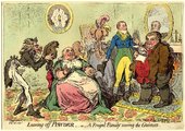 „Elhagyni a hajport – Egy takarékos család megspórol egy guinea-t” 18. századi angol karikatúra a hajporadóról (Wikipedia)