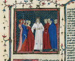 Egy pap összead egy házasuló párt egy középkori illusztráción