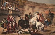 Gladiátorok küzdelme egy bikával egy római amfiteátrumban