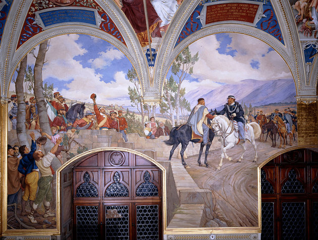 Viktor Emánuel találkozása és kézfogása Garibaldival Teanónál 1860. október 26-án
