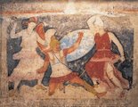 Amazonok és férfi katonák harcát ábrázoló festmény egy i.e. 4. századból származó szarkofágon az olaszországi Tarquiniában