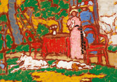 A két kutya, az asztalon álló váza és virágcsokor, a festő nadrágja, ingjének gallérja és a kép középterében ábrázolt festmény is fehér színű