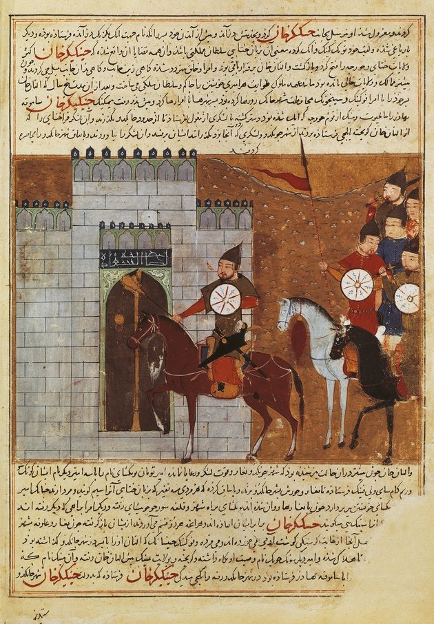 Mongol csapatok ostromolnak egy erődítményt a perzsa Rasid al-Din által készített A török törzsek és Dzsingisz kán dinasztiájának története című 14. századi műben
