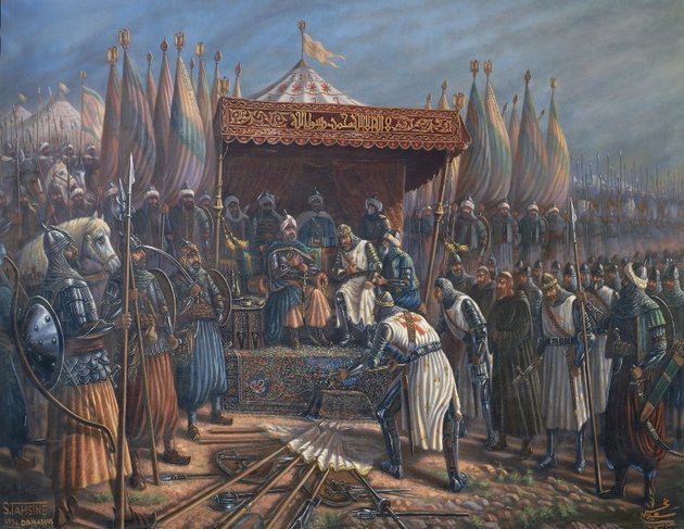 Szaladin fogadja a keresztesek megadását a hattini csata után, 1187.