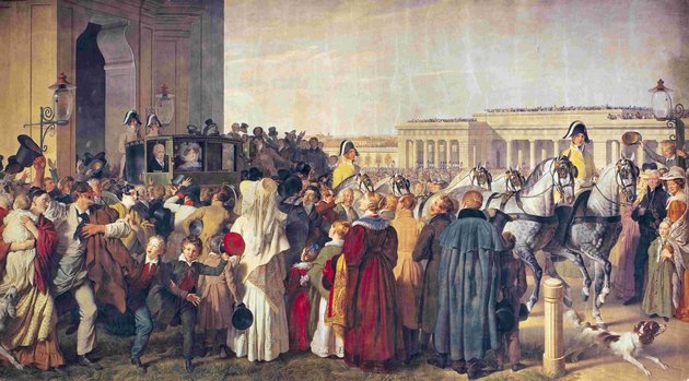 I. Ferenc és Karolina Auguszta császárné hintójukban hagyják el a bécsi Hofburgot