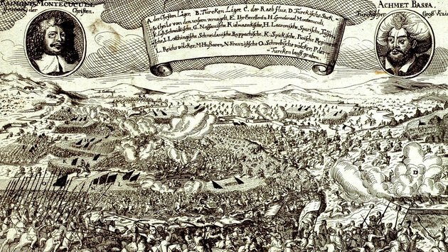 Német tudósítás a szentgotthárdi csatáról, a kép felső sarkaiban a két hadvezérrel (Montecuccoli és Köprülü Ahmed)