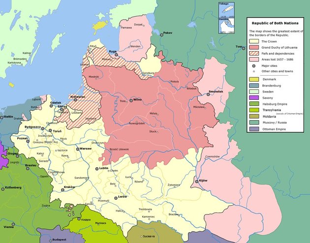 A felosztás előtt: a lengyel-litván nemzetközösség legnagyobb kiterjedése (wikipédia/Halibutt/CC BY-SA 3.0)