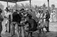 Karibi munkások fizetést kapnak a Panama-csatornánál egy 1888-as fametszeten
