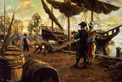 Telepesek dohánnyal teli hordókat rakodnak egy hajóra Jamestownnál a 17. század első felében