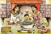 Egy azték bába megfürdet egy újszülöttet Benardino de Sahagún művének egy illusztrációján