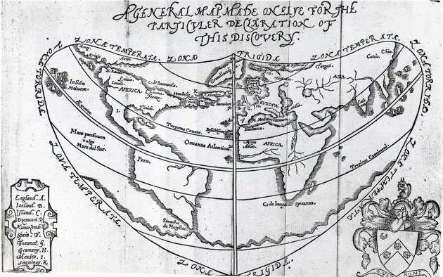 Sir Humphrey Gilbert Kínába vezető új lehetséges utakról szóló művének világtérképe (16. század)
