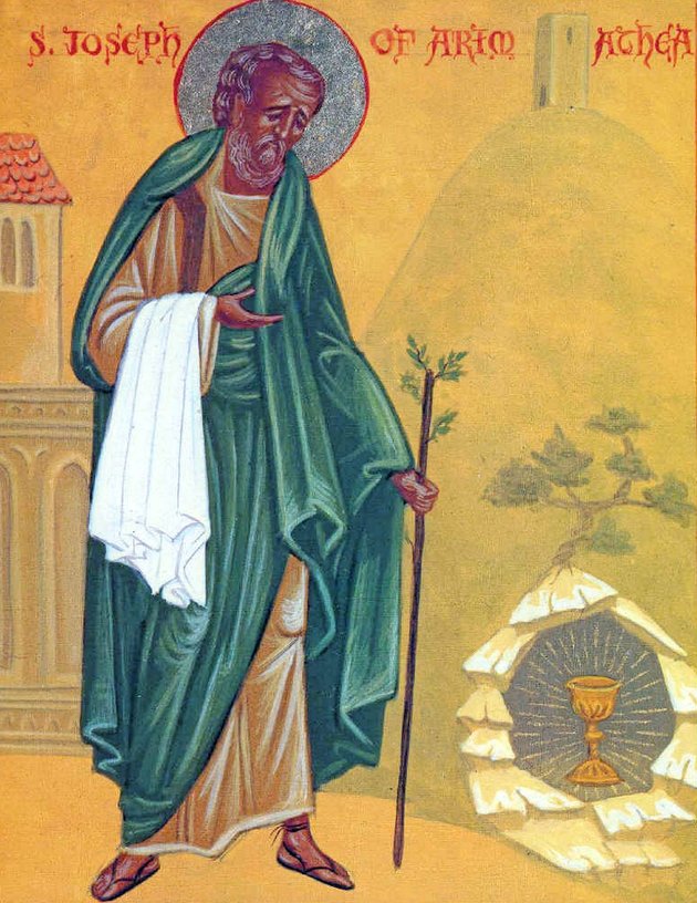 A Glastonbury-apátságban látható ikon Arimathiai Józsefet egy kizöldült bottal és a hőn áhított ereklyével ábrázolja