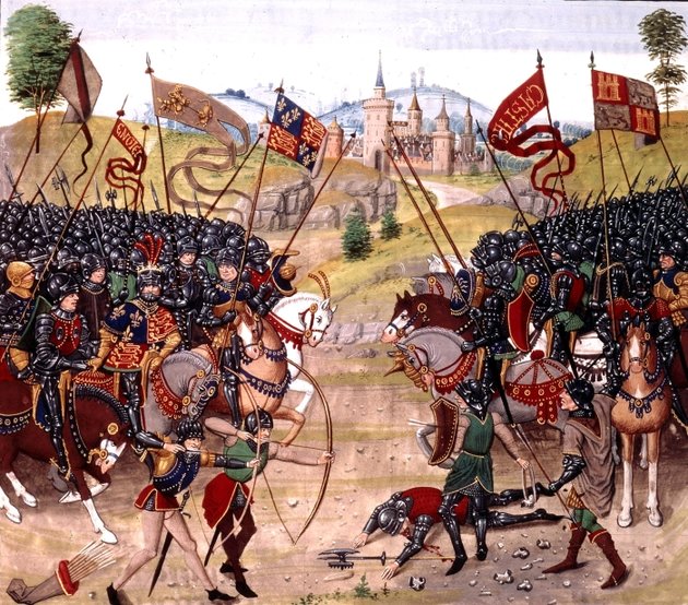 Jean Froissart krónikájának 15. századi illusztrációja: balra a Fekete Herceg és I. Péter, jobbra Trastámarai Henrik