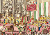 II. Lipót koronázása Pozsonyban 1790-ben, a falakat díszítő drapéria a magyar nemzeti színekben pompázik