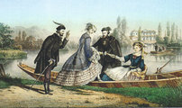 Egy korabeli divatlap képe a Városligeti-tavon csónakázó, divatos ruhákba öltözött társaságról 