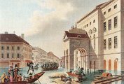 Johann Hürlimann: Árvíz a pesti Színház-téren, 1838 (színezett akvatinta)