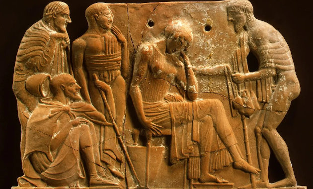 Odüsszeusz visszatér Penelopéhoz, terrakotta emléktábla, Kr. e. 460-50. (Forrás: Metropolitan Művészeti Múzeum)