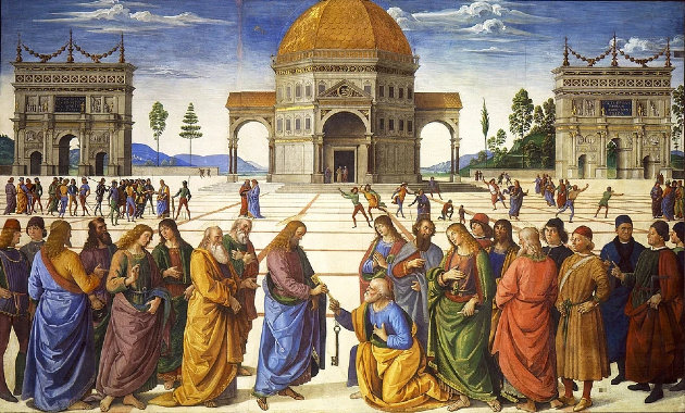 Krisztus átadja a kulcsokat a térdeplő Péternek, Perugino freskója a Sixtus-kápolnában